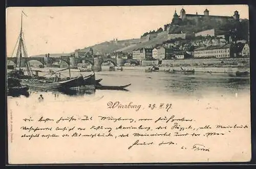 AK Würzburg, Stadtpanorama mit Brücke, Festung