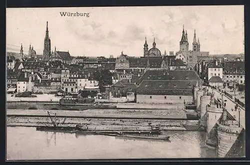 AK Würzburg, Teilansicht mit Frachtschiff und Mainbrücke aus der Vogelschau