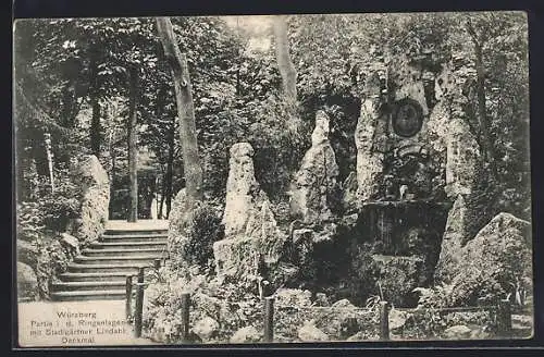 AK Würzburg, Ringanlagen-Partie mit Stadtgärtner Lindahl-Denkmal