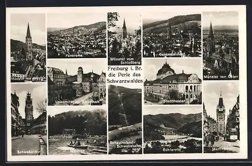 AK Freiburg i. Br., Schwabentor, Schauinsland-Schwebebahn, Martinstor, Panorama