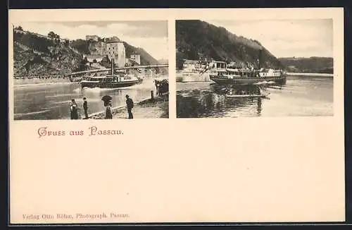 AK Passau, Fluss mit Dampfer und Uferpartie