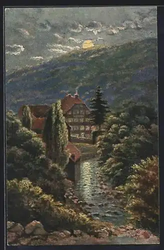 Künstler-AK Weinheim /Bergstrasse, Birkenauer Tal, Fuchssche Mühle bei Vollmond