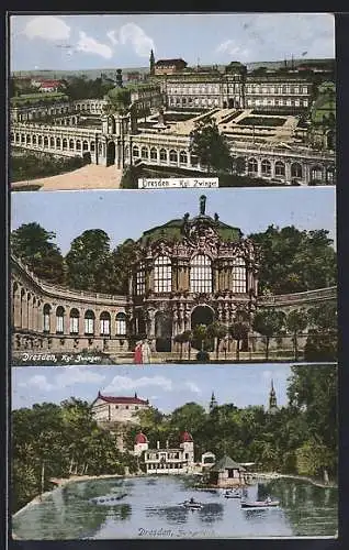 AK Dresden, Zwinger, Ansichten mit Teich, von oben und von vorn