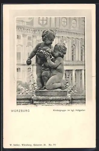 AK Würzburg, Hofgarten, Kindergruppe, Detailansicht mit Fruchtschale