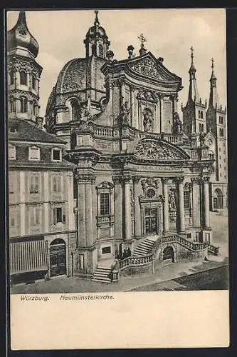 AK Würzburg, Neumünsterkirche aus der Vogelschau, rückseitig Infotext