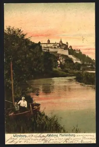 AK Würzburg, Festung Marienburg vom Wasser aus, mit Boot