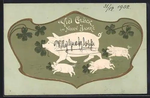 Präge-Lithographie Sau und Ferkel mit Kleeblättern, Ornament, Neujahrsgruss