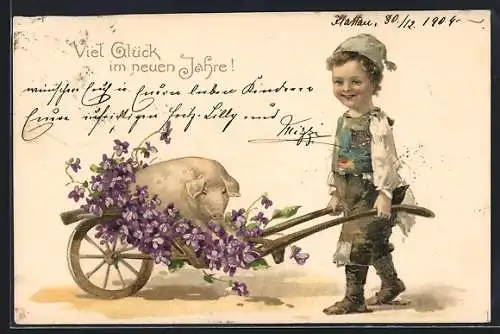 Lithographie Knabe mit Schwein und Blumen in einer Schubkarre, Neujahrsgruss