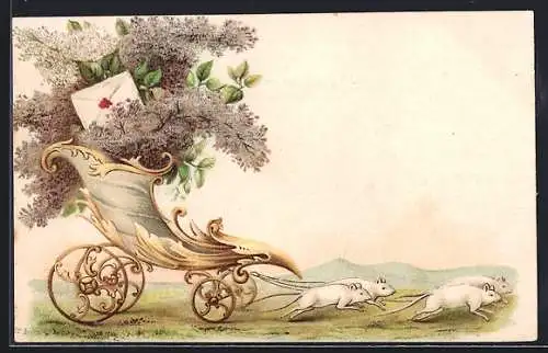 Lithographie Weisse Mäuse ziehen einen Füllhorn-Wagen mit Flieder und Brief