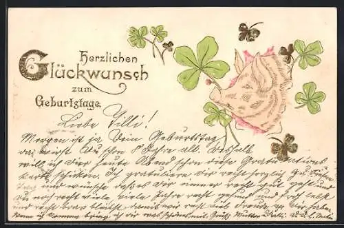 Lithographie Kopf eines Schweines mit Glücksklee, Geburtstagsgruss