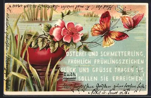 Lithographie Schmetterlinge ziehen blumengefülltes Osterei auf einem See, Ostergruss