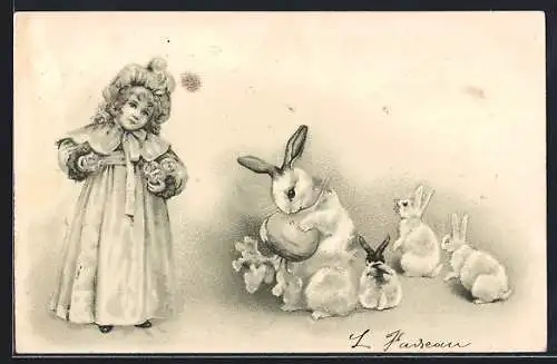 Lithographie Mädchen, Osterhase mit Ei und Hasenjunge