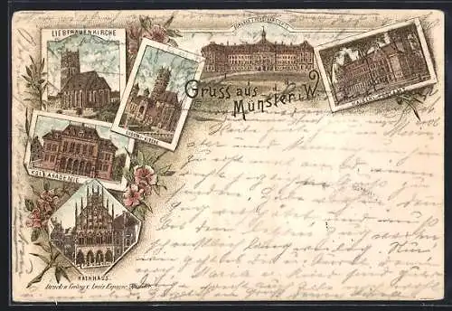 Lithographie Münster i. W., Liebfrauenkirche, Königliche Akademie, Rathaus