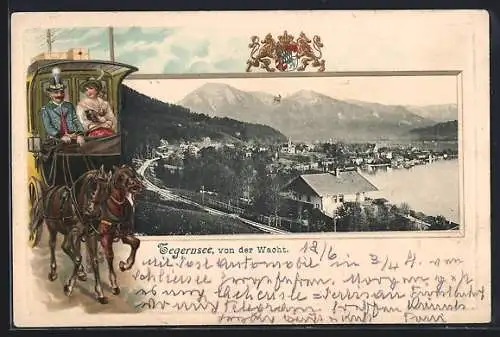 Passepartout-Lithographie Tegernsee, Teilansicht von der Wacht, Postkutsche