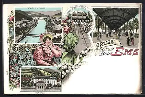 Lithographie Bad Ems, Wandelbahn, Maibergbahn, Totalansicht aus der Vogelschau