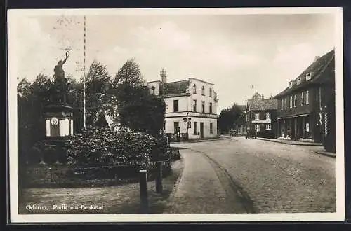 AK Ochtrup, Strassenpartie am Denkmal mit Gasthaus Schepers