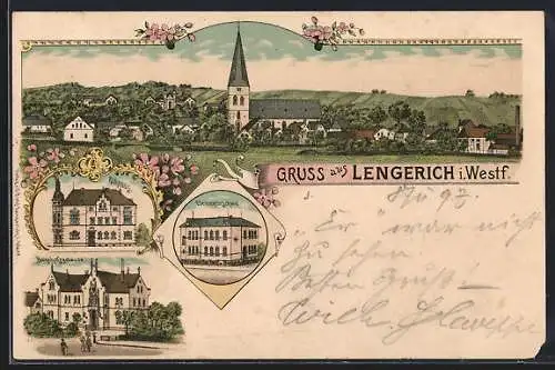 Lithographie Lengerich i. Westf., Rathaus, Elementarschule, Bahnhofsgebäude