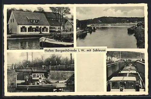 AK Bergeshövede i. W., Hafen mit Schleuse, Brücke, Boot Margaretha