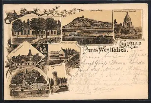 Lithographie Porta Westfalica, Wirtshaus zur Kapelle, Hotel Kaiserhof, Wittekinsburg, Kapelle