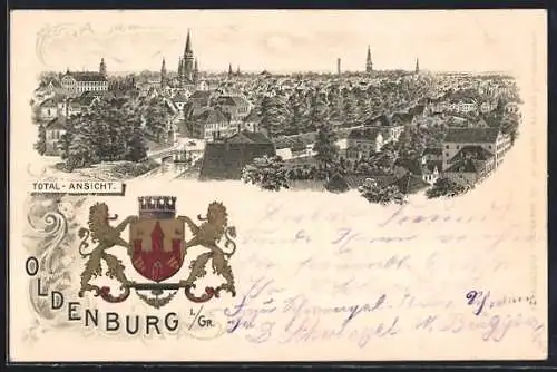 Lithographie Oldenburg / Gr., Totalansicht, Wappen der Stadt