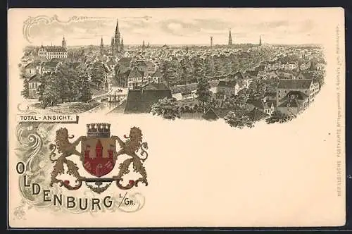 Lithographie Oldenburg / Gr., Totalansicht, Wappen der Stadt