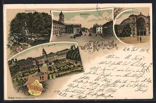 Lithographie Karlsruhe, Nymphengruppe, Marktplatz, Schloss