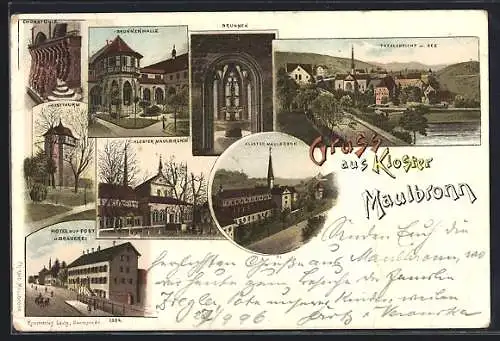 Lithographie Maulbronn, Hotel und Brauerei zur Post, Kloster, Brunnenhalle