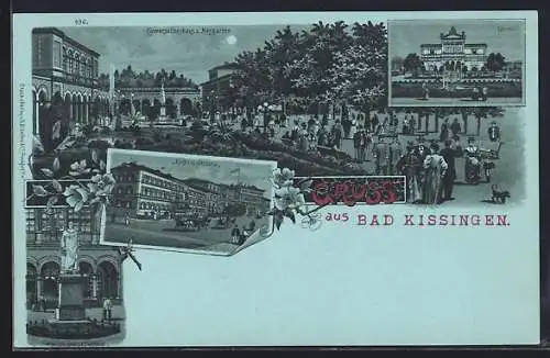 Mondschein-Lithographie Bad Kissingen, Kurhausstrasse, Conversationshaus und Casino