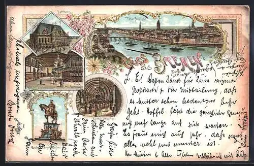 Lithographie Bremen, Ratsweinkeller, Rathaus und Denkmal Kaiser Wilhelm