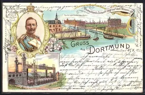 Lithographie Dortmund, Schiffshebewerk Oberwiese, Dortmunder Hafen und Wilhelm II