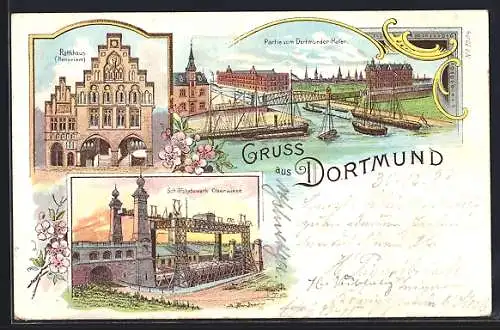 Lithographie Dortmund, Rathaus, Hafen und Schiffshebewerk Oberwiese