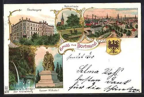 Lithographie Dortmund, Oberbergamt, Vehmlinde, Denkmal Kaiser Wilhelm I