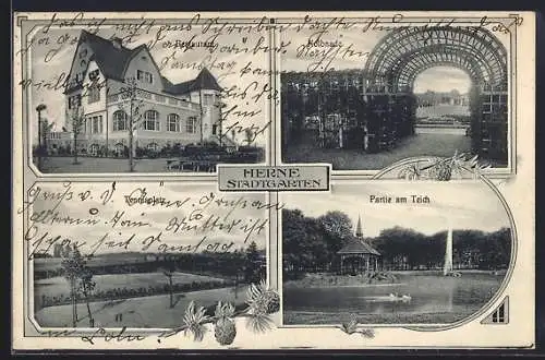 AK Herne, Gasthaus Stadtgarten, Tennisplatz, Kolonade und Teich