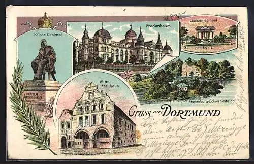 Lithographie Dortmund, Kaiser-Denkmal, Fredenbaum, Louisen-Tempel und altes Rathaus