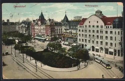 AK Düsseldorf, Wilhelmsplatz mit Cafe Industrie und Strassenbahn