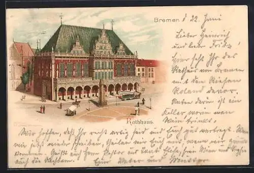 Lithographie Bremen, Pferdebahn am Rathaus