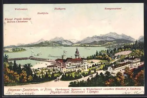 AK Prien, Chiemsee-Sanatorium, Watzmann, Hochfelln und Kampenwand