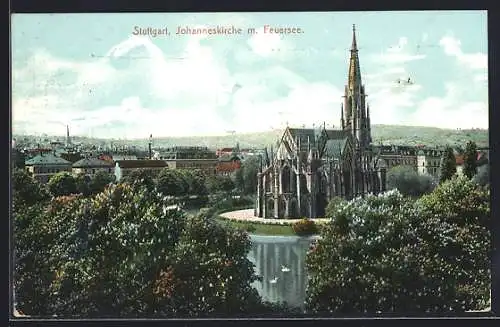 AK Stuttgart, Johanneskirche m. Feuersee