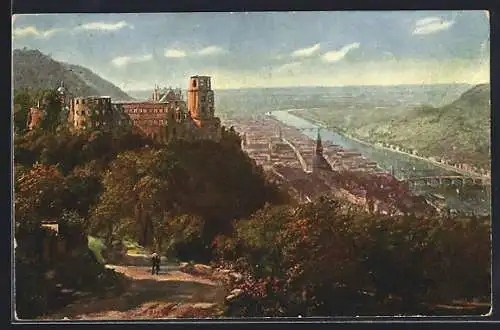 AK Heidelberg, Panoramablick mit dem Schloss