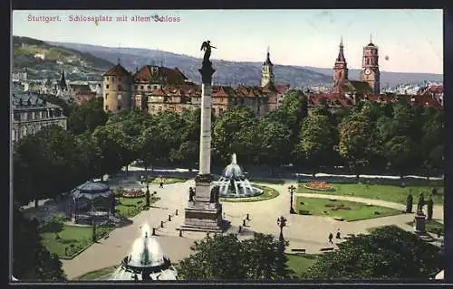 AK Stuttgart, Schlossplatz mit altem Schloss