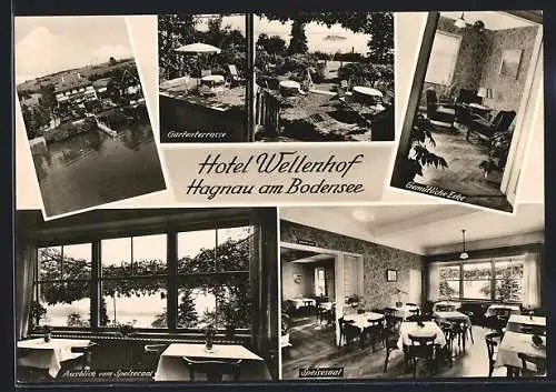 AK Hagnau am Bodensee, Hotel Wellenhof v. E. Ehrlinspiel, Gartenterrasse, Speisesaal, Gemütliche Ecke