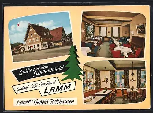 AK Nagold-Iselshausen /Schwarzwald, Gasthof-Café Lamm v. E. Schwertfeger, mit Innenansichten