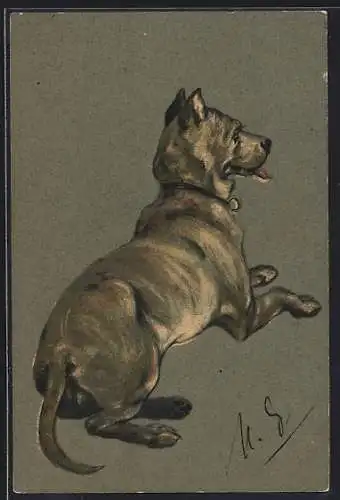 Lithographie Liegender Hund, von hinten gesehen