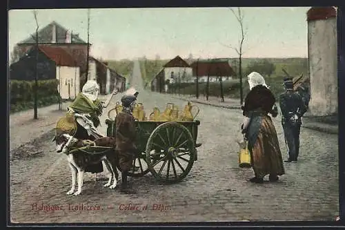 AK Lailières /Belgique, Hund vor einem Karren mit Milch