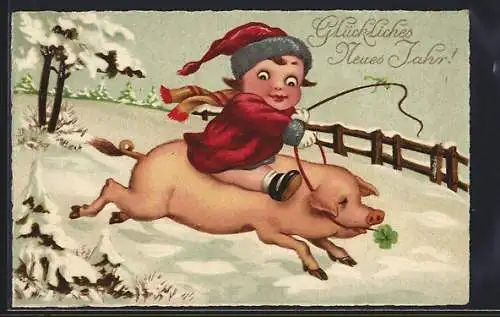 Lithographie Mädchen auf einem Schwein reitet durch die Schneelandschaft