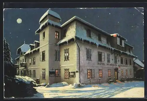 AK Steinhaus, Semmering, Hotel-Pension Gesslbauer bei Mondschein im Schnee