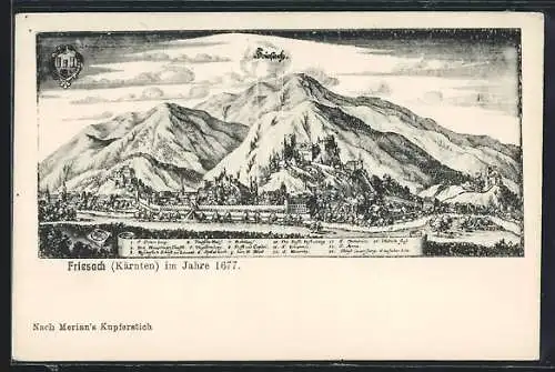 Künstler-AK Friesach /Kärnten, Teilansicht mit Spitalkirch, St. Petersberg und St. Anna 1677