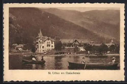 AK St. Urban am Ossiachersee, Uferpartie mit Booten