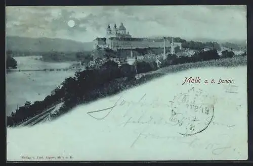 Mondschein-AK Melk a. d. Donau, Teilansicht mit Stift