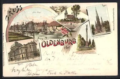 Lithographie Oldenburg i. Gr., Lamberti Kirche, Siegessäule a. d. Friedensplatz, Theater